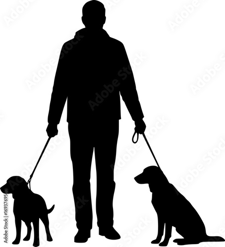 Man holding dogs on leash front view black silhouette isolated on white background