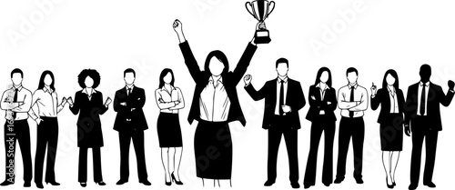 Silhouette of Diverse Group of Business People Standing in Row with Confident Businesswoman Holding Trophy Celebrating Success and Leadership