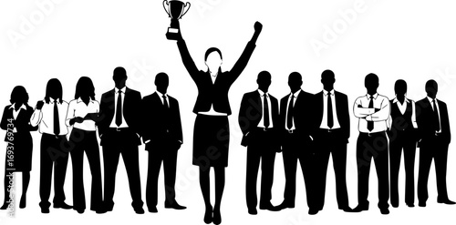 Silhouette of Diverse Group of Business People Standing in Row with Confident Businesswoman Holding Trophy Celebrating Success and Leadership