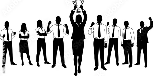 Silhouette of Diverse Group of Business People Standing in Row with Confident Businesswoman Holding Trophy Celebrating Success and Leadership