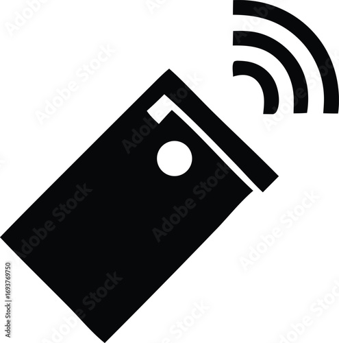 Modern black icon depicting a smartphone with radiating wireless signal waves symbolizing connectivity and remote control capabilities for digital devices.