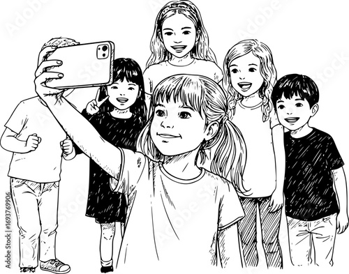 Silhouette of Little Girl Taking Selfie in Front of Friends. Black Isolated Vector Illustration on White Background of Children and Social Media Concept
