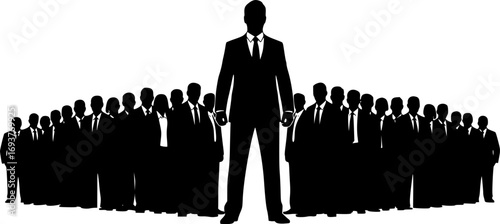 Silhouette of Businessman Standing in Front of Large Group of Business People Representing Leadership, Authority and Corporate Success