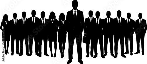 Silhouette of Businessman Standing in Front of Large Group of Business People Representing Leadership, Authority and Corporate Success