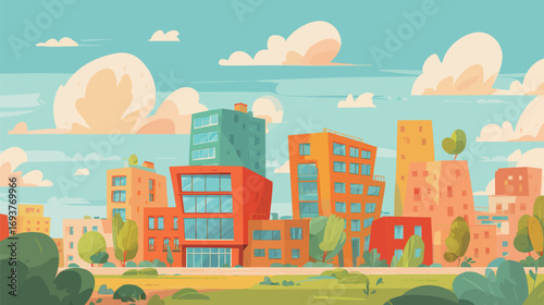 Colorful city buildings with unique architectural styles stand under a bright sky. Lush greenery and soft clouds enhance the cheerful atmosphere of this urban landscape.