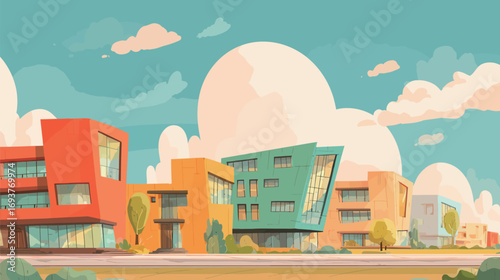 Brightly colored buildings form a unique educational campus under a clear blue sky. The modern architecture contrasts beautifully with a lush green landscape.