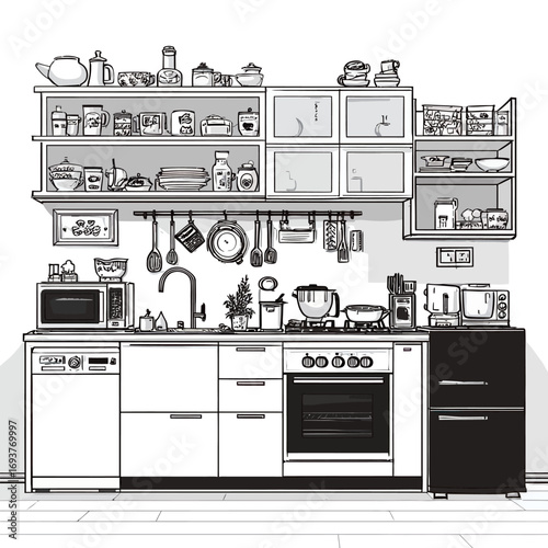 This spacious kitchen boasts a sleek design with open shelving for dishes and utensils, providing a functional and organized space for meal prep.