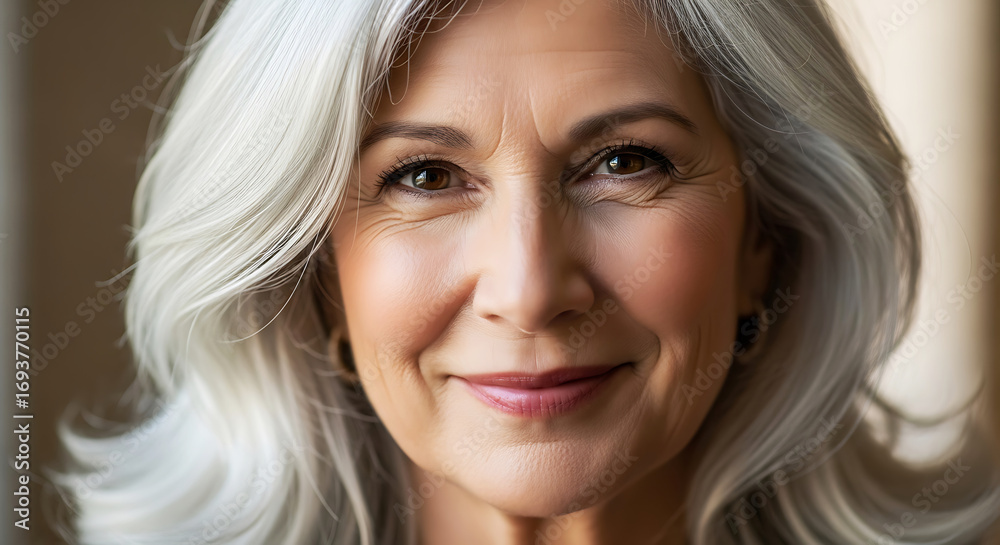 Naklejka premium Close-up Portrait of a Smiling Mature Woman with Gray Hair and Wrinkles senior elderly