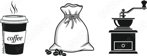 An illustration showcasing a cup of coffee, a bag of coffee beans, and a coffee grinder.