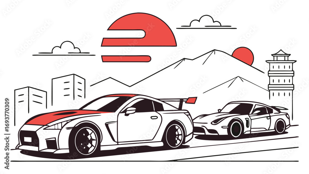 Obraz premium Dynamic sports cars race towards a vibrant sunset over city skyline and mountains.
