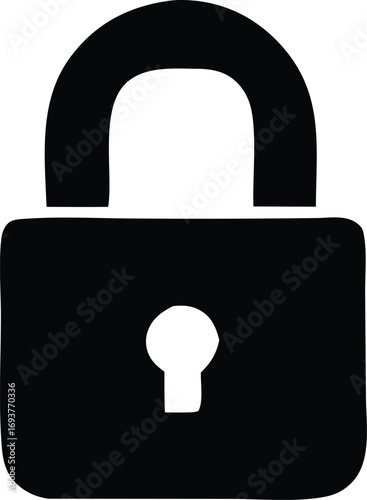 Simple black padlock icon representing security privacy protection and data safety on a plain backdrop
