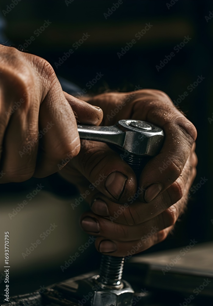 Fototapeta premium Extreme Close-Up of Aged Hands Tightening Bolt with Wrench Grease on Fingertips in Dramatic Lighting