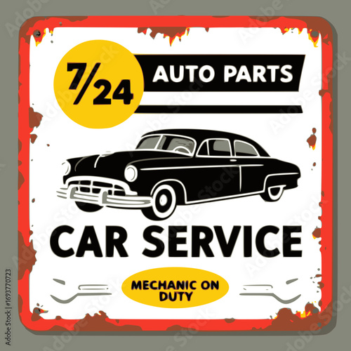 Vintage car service and gas station vector metal sign. Gas station for car, metal grunge banner vector illustration. Multilayer SVG file without gaps between paths.