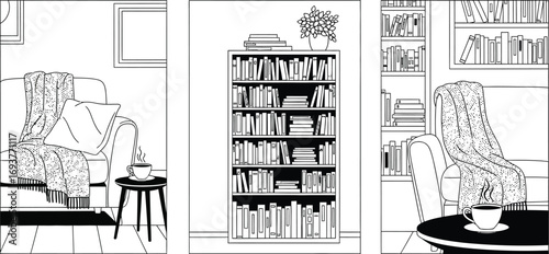A cozy reading nook with a plush armchair, a steaming cup of coffee, and a tall bookshelf filled with books.