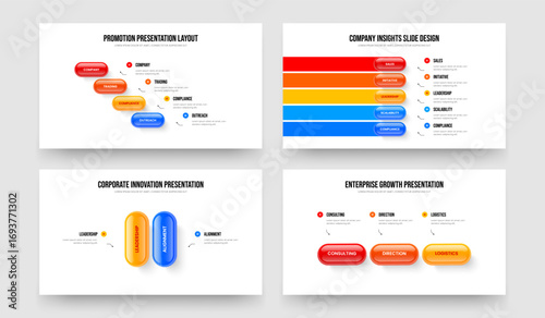 Consulting Briefing 4 5 2 3 Element Diagram Presentation Layout Set. Investor Strategy Four Five Two Three Step Infographic Slide Design Vector Illustration Bundle.