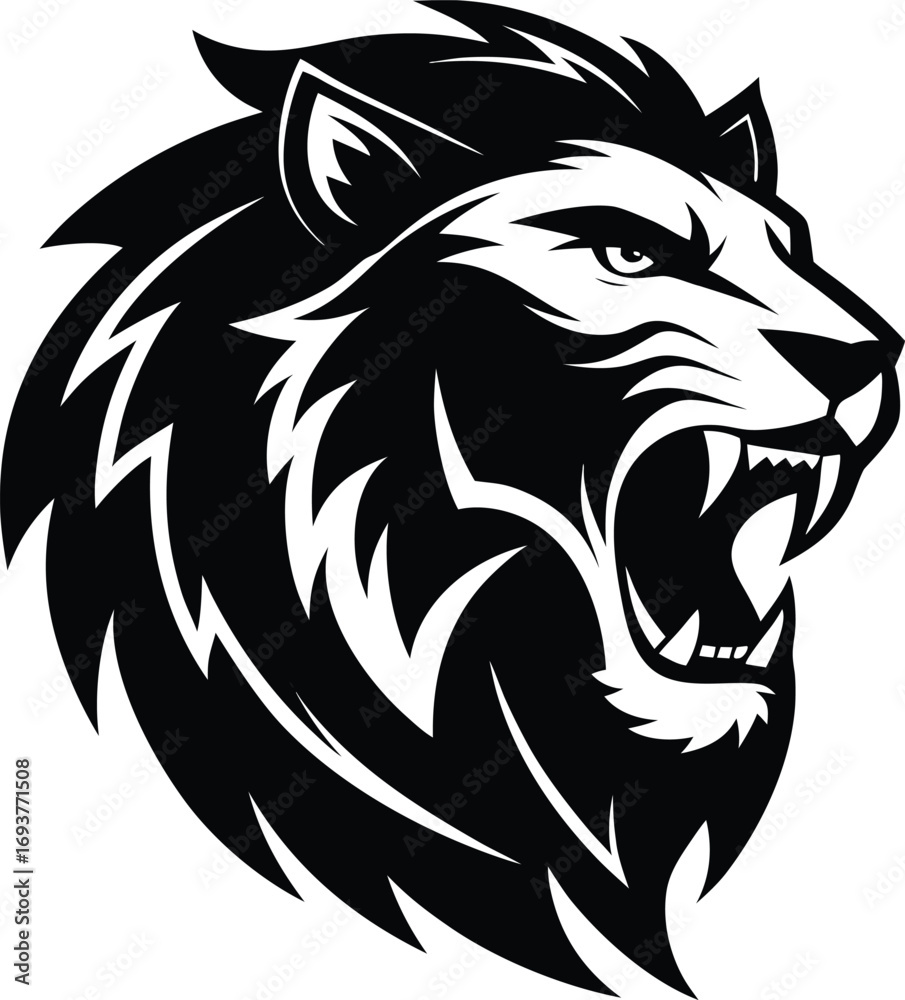 Fototapeta premium Black Silhouette of a roaring lion head, bold sports logo style