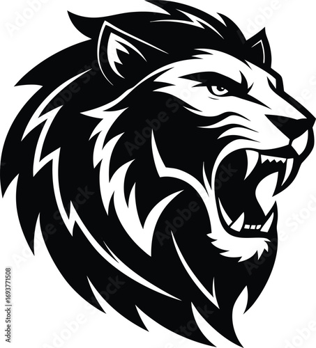 Black Silhouette of a roaring lion head, bold sports logo style