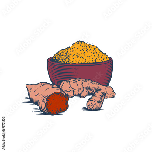 Vector illustration of turmeric root and turmeric powder in engraving sketch style. 