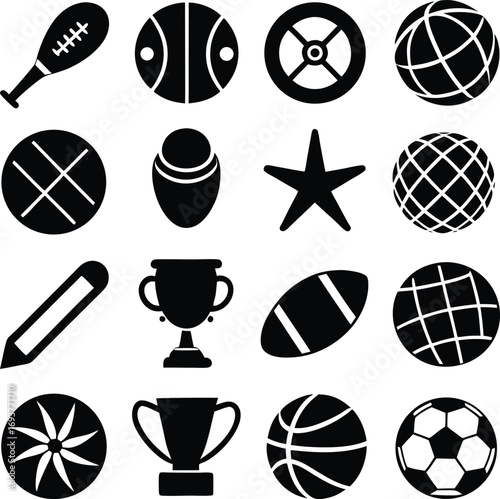 Diverse sports icons collection featuring balls trophies and equipment for athletic pursuits