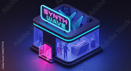 Synthwave music venue isometric illustration with neon lights and dj booth for retro party design concept