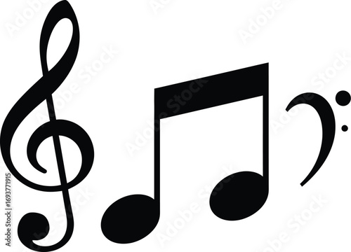 A collection of black musical notation symbols, featuring a treble clef, two beamed eighth notes, and a bass clef.