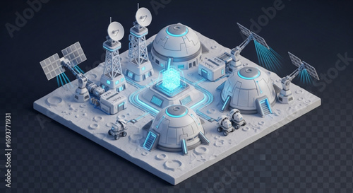 Isometric futuristic moon base colony with solar panels and communication towers for space exploration and research