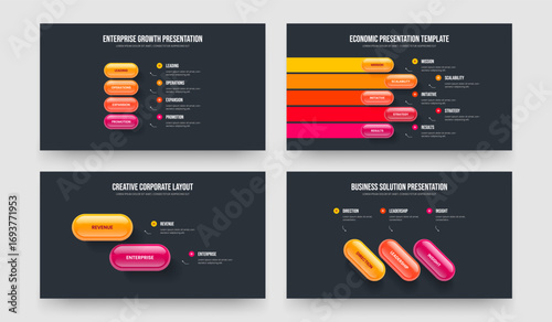 Project Growth 4 5 2 3 Step Diagram Slideshow Layout Bundle. Company Overview Four Five Two Three Option Infographic Frame Template Vector Illustration Collection.