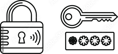 Illustration of a padlock, key, and password symbols representing security and access.