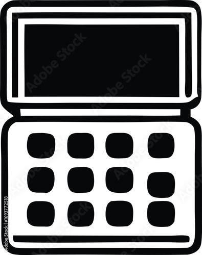 Simple black and white outline of a calculator with a screen and keypad for office or education use