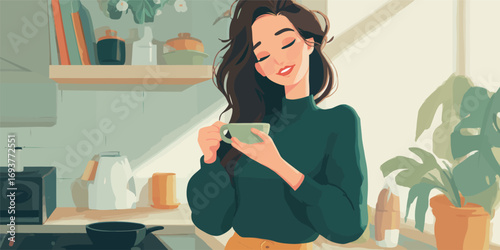 A woman with long hair smiles gently while holding a cup in a bright kitchen filled with plants. Sunlight streams in, creating a warm atmosphere for her morning routine.