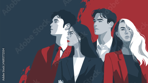 Four young adults stand confidently, dressed in sleek suits, showcasing modern styles amid a vibrant red and blue backdrop. Their expressions reflect determination and poise.