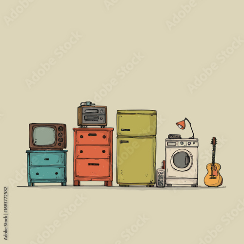 A vibrant display of vintage appliances and furniture featuring a television, dresser, refrigerator, washing machine, and a guitar. The arrangement showcases a playful aesthetic.