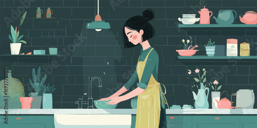 In a bright kitchen, a woman in an apron washes dishes at the sink, surrounded by potted plants and kitchenware.