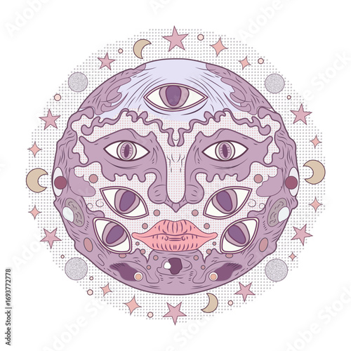 A flat style illustration showing mystical face 

