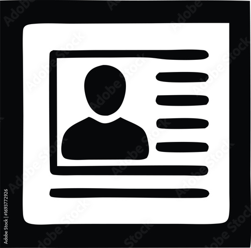 Simple black and white icon representing a profile or identification card with placeholder for photo and textual details