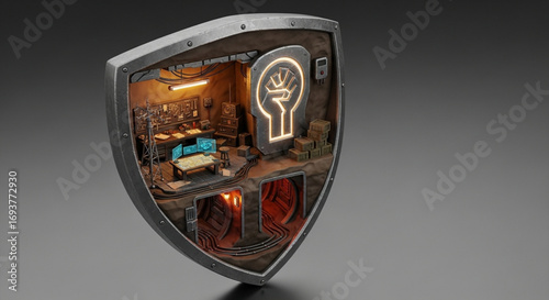 Shield security control room cyber security technology network defense system protection digital fortress concept