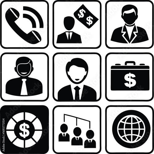Collection of business and finance icons phone money people briefcase globe organization chart and financial symbols for digital platforms