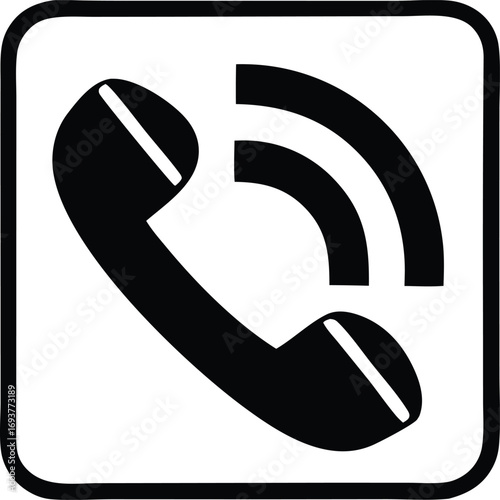 Black and white icon of a telephone receiver with sound waves symbolizing incoming call or communication symbol