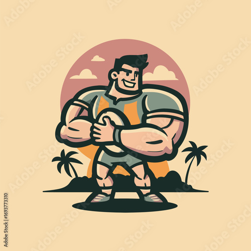 A strong rugby player stands proudly, holding a ball with a smile. He is surrounded by palm trees and a vibrant sunset, showcasing an energetic athletic vibe.