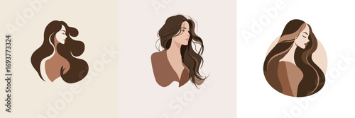 Three elegant illustrations showcase women with long, flowing hair, each featuring a distinct style and color. The minimalist approach emphasizes beauty and grace.