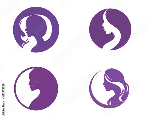Four unique logos showcase stylish silhouettes of women in profile view, designed in a vibrant purple color scheme, perfect for beauty and wellness businesses.