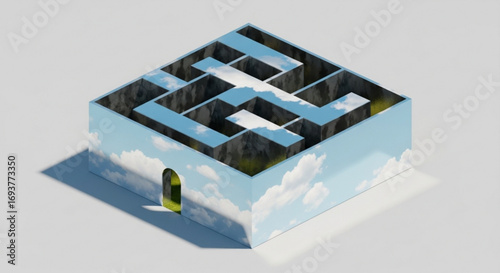 Isometric maze puzzle game with cloud texture and green door entrance challenge for problem solving skills