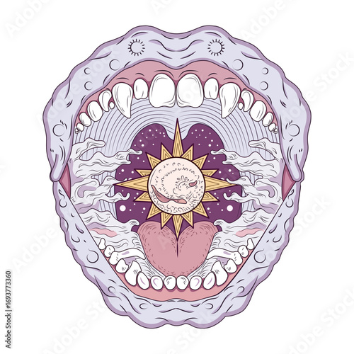 Flat style illustration showing mystical mouth 
