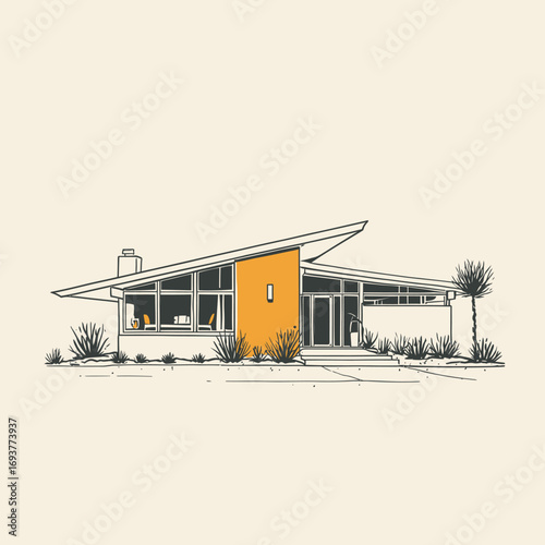A mid-century modern house features a striking yellow front and a flat roof, surrounded by desert plants. Large windows enhance natural light and showcase the interior.