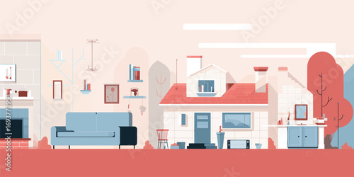 A stylish minimalist living room displays a sleek couch, while a charming house nearby features muted colors and simple decor, creating a serene atmosphere.