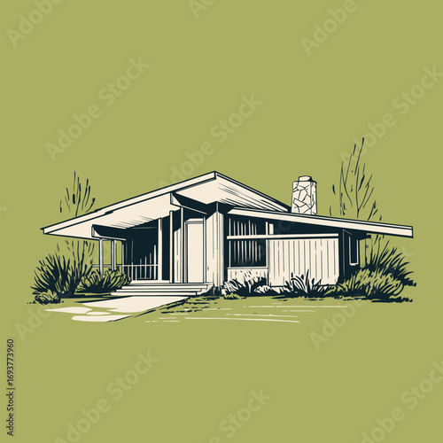 A mid-century modern house showcases clean lines and a flat roof. Surrounded by lush greenery, it exudes a serene, inviting atmosphere.
