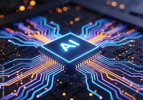 Advanced ai chip processing data with glowing circuits and futuristic technology concept