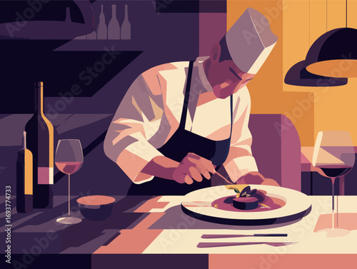 A skilled chef focuses on plating a gourmet dish in an upscale restaurant. Fine wine glasses adorn the table, adding to the elegant atmosphere created by soft lighting.