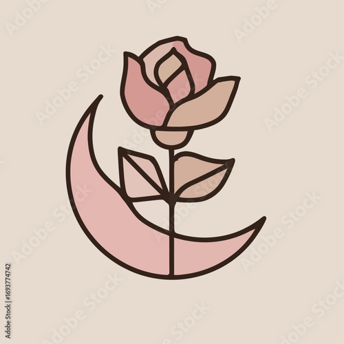 A minimalistic design features a rose atop a crescent moon, showcasing soft colors and clean lines. This artwork adds a touch of elegance to any space.