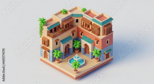 Isometric moroccan riad architecture design with courtyard and fountain render for architectural visualization